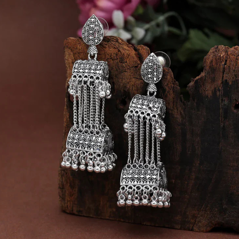 Long chain oxidised jhumka earrings with a statement ethnic style