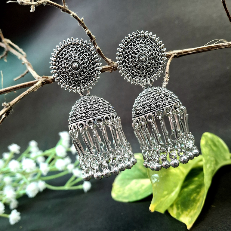 Circular boho-style oxidised jhumka earrings for traditional looks