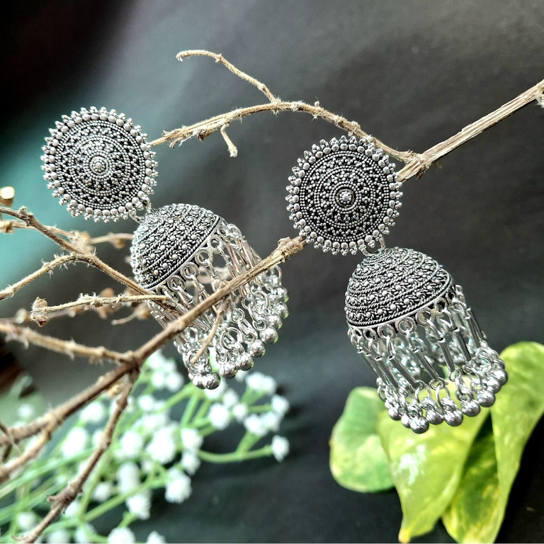 Circular boho-style oxidised jhumka earrings for traditional looks