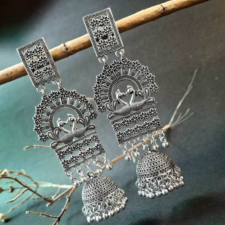 Trendy oxidized silver plated jhumkas with modern ethnic style
