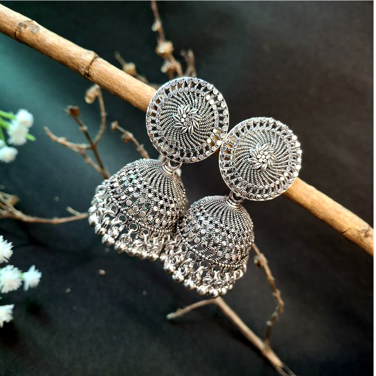 Elegant oxidized silver hanging earrings with intricate design