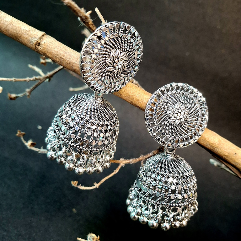 Elegant oxidized silver hanging earrings with intricate design