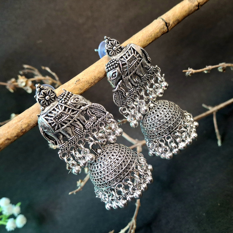 Elephant motif oxidised jhumka earrings with royal ethnic detailing