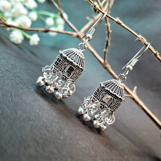 Durable silver metal jhumka earrings with lightweight design