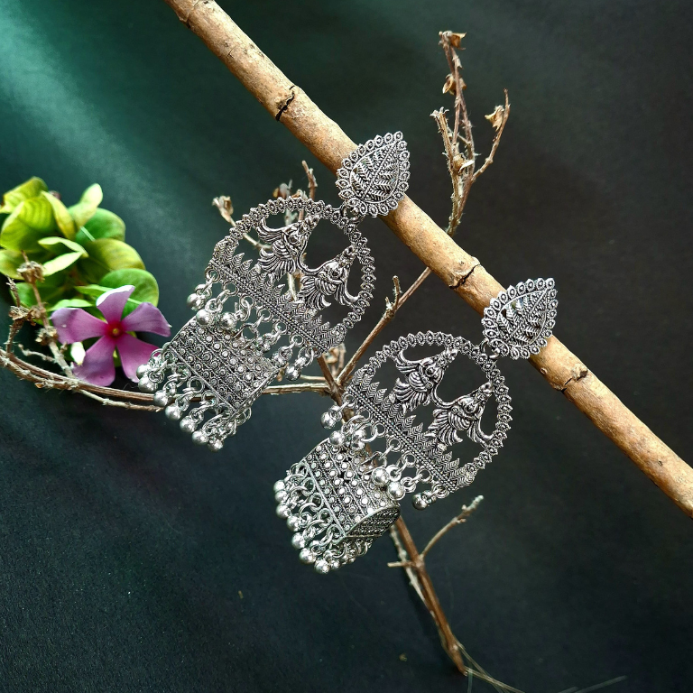 Classic traditional oxidised silver jhumka earrings with detailed craftsmanship