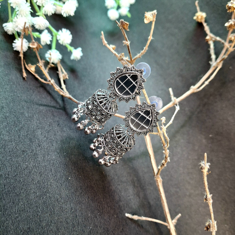 Beautiful mirror work tilak design jhumki earrings for festive wear