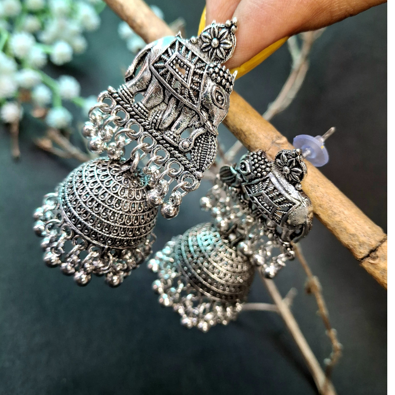 Elephant motif oxidised jhumka earrings with royal ethnic detailing