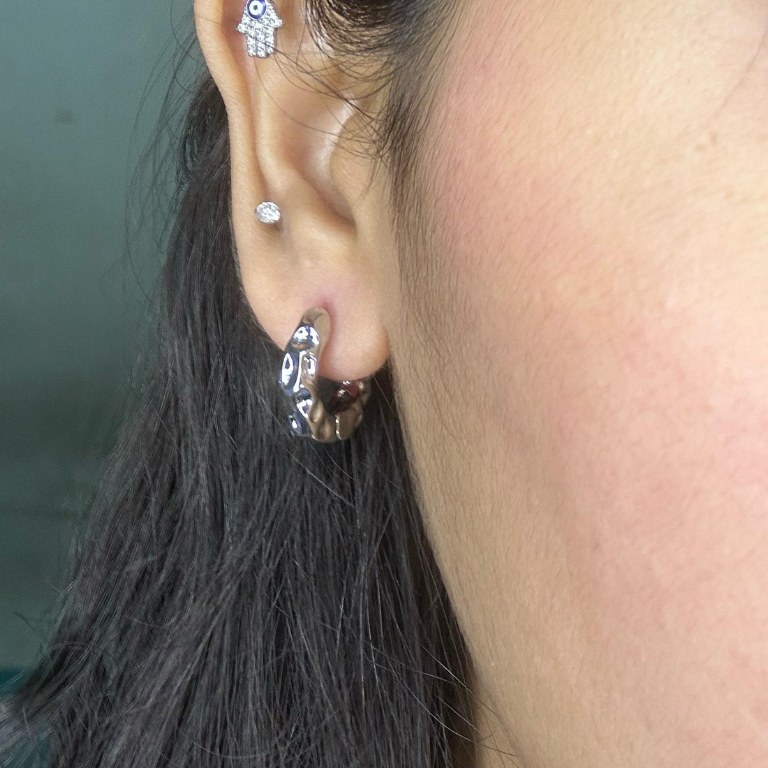 Silver pleated texture earrings with minimal charm